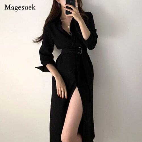 2021 Spring Autumn Shirts Dress for Women Clothing Vintage Solid Color Button Dress Plus Size Female Long Dress with Belt 13889