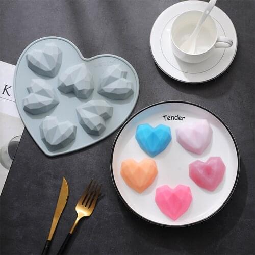 6 Cavity Diamond Heart Shape Silicon Cake Mold 3D Carton Non-Stic Solid Bakeware for Biscuits/ Candies/ Chocolates/ Jellies