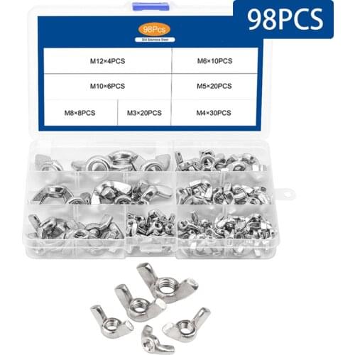 98PCS/Box Wing Nuts M3 M4 M5 M6 M8 M10 M12 Stainless Steel Wingnuts Butterfly Nuts Hand Tighten Nut DIN315 Assortment Kit