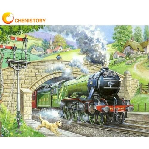 CHENISTORY Acrylic Frame Diy Painting By Numbers Kits Wall Art Handpainted Oil Painting Train Landscape For Home Decors Art Diy