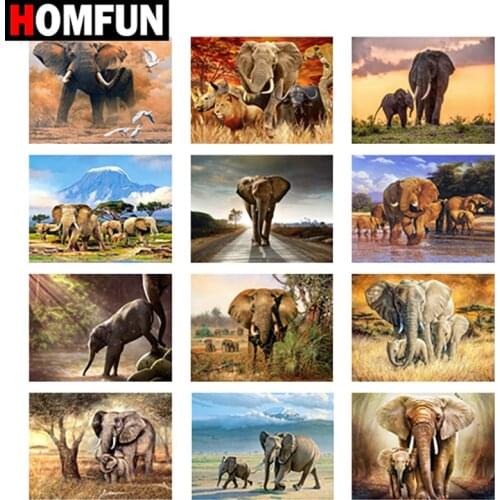 HOMFUN DIY Diamond Painting "Elephant steppe nature" Full Drill Square Round Diamond Embroidery 5D Cross Stitch Decoration Home