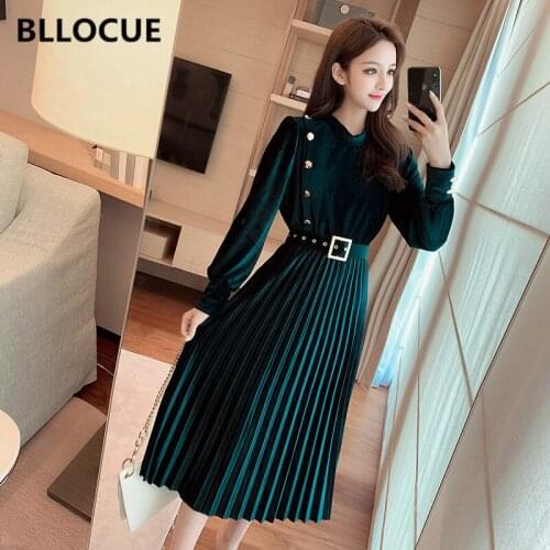BLLOCUE High Quality Fashion Runway Designer Velvet Party Dress 2020 Spring Womens Long Sleeve Belt Casual Pleated Dress