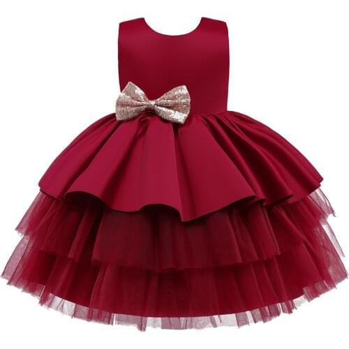 Elegant Girls Princess Dress Wedding and Birthday Party Satin Red Formal Dresses with Bow Kids Children Ball Gown