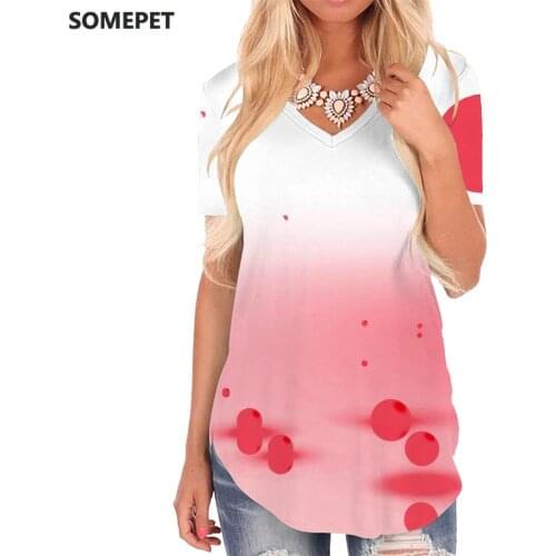 SOMEPET Pattern T Shirt Women Red V-neck Tshirt Painting Shirt Print Art Funny T shirts Womens Clothing Summer Loose New