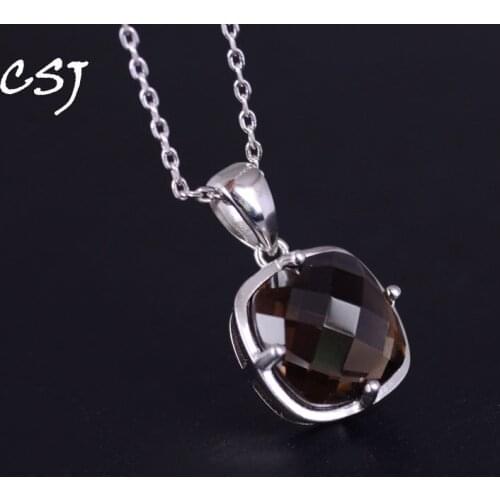 CSJ Natural Smoky Quartz Pendants Sterling Silver 925 Pendulum Crystal Necklace for Women Collier Party Gift Box