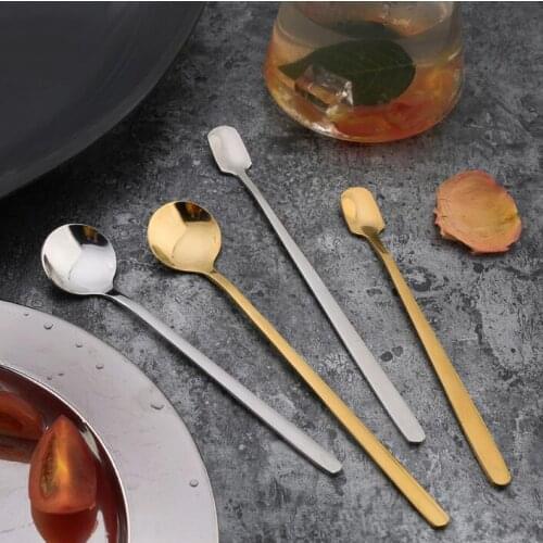 Stainless Steel Ice Spoon Square Head Coffee Mug Spoon Household Milk Tea Long Handle Stirring Spoon Round Spoon