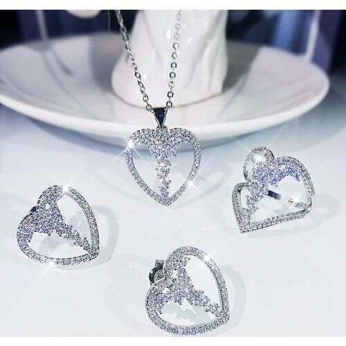 Cute Heart Crystal Zircon Necklace Ring Earrings Female Luxury Engagement Jewelry Sets For Women Wedding White Stone Bridal Sets