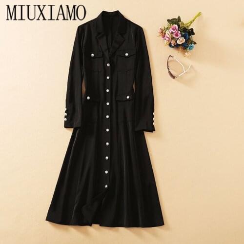 MIUXIMAO 2021 Spring&Summer Newest Elegant Luxury Button Full Sleeve Solid Casual Black Midi Dress Women Vestidos