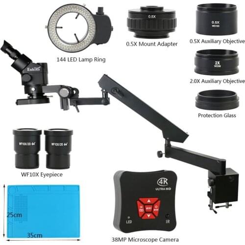 3.5X-90X Zoom Simul Focal Trinocular Stereo Microscope+Industrial 38MP 4K HDMI USB Video Camera+Articulating Arm Pillar Clamp