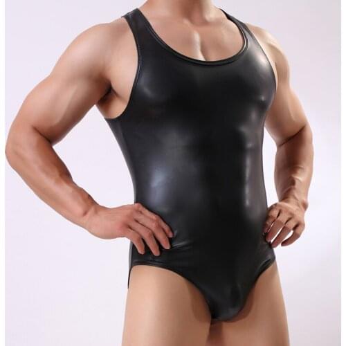Mens Body Suit One-piece Leather High-cut Sleeveless Leotard Bodysuit for Mens Party Nightclub Sports Vest