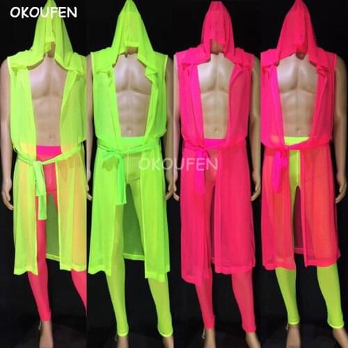 Nightclub bar ds male singer sexy muscle vest set fashion Fluorescent long openwork tights jacket dance costumes