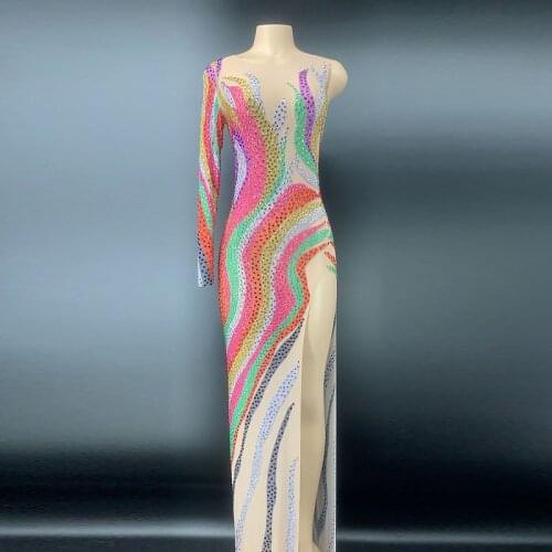 New Sparkly Multi-color Rhinestones Long Dress Birthday Celebrate One Sleeve Transparent Dress Women Dancer Dresses
