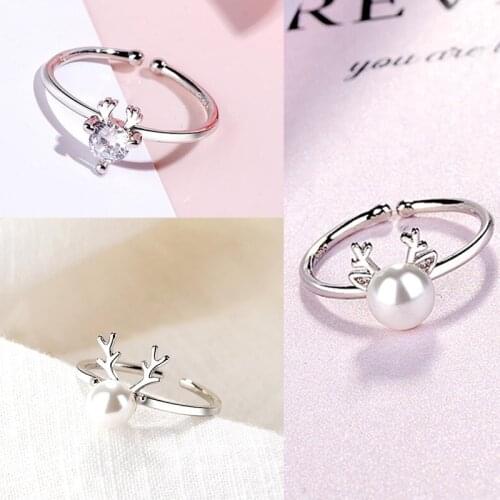 Oly2u Fashion Animal Deer Rings Women Pearl Finger Rings Antler Ring Romantic Jewelry Girls Christmas Gifts