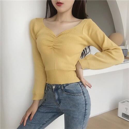 2019 Autumn Girls V-neck Knitted Full Sleeve Cropped Sweater Pullover Womens Vintage Jumpers Sweaters Crop Tops