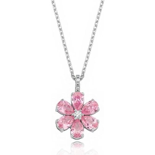 Valori Jewels Magnolia Flower Necklace , 2 Ct Zircon Pink Pear Gemstone , Rhodium Plated ,925 Silver, Fine Jewelry