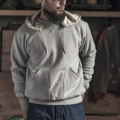 Bronson 1930s 20 oz. Terry Cloth Heavyweight Attached Hood Parka Mens Vintage Gray Hoodies Casual Loose Pullover Sweatshirts