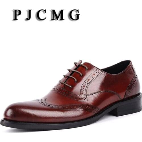 PJCMG Fashion Men Oxford Male Black/Red Lace-Up Solid Pointed Toe Dress Genuine Leather Carved Wedding Business Oxfords Shoes