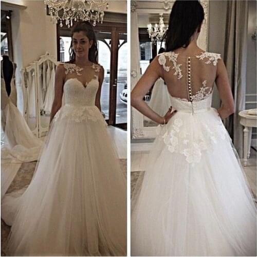 Sheer Scoop Tulle Bridal Gowns Wedding Dresses Illusion Back Covered Buttons See Through Plus Size Vestido De Noiva