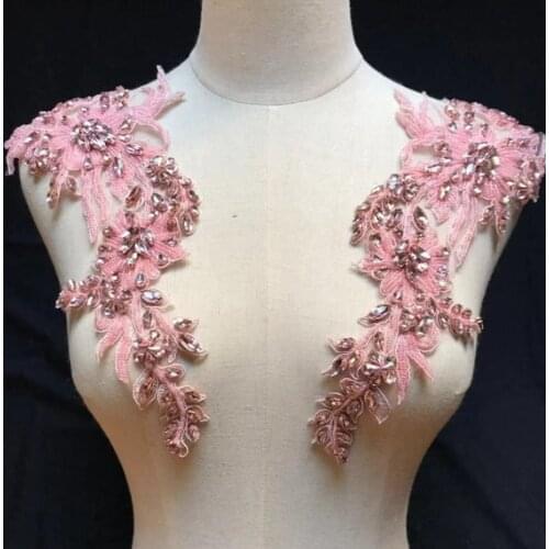 2019 Deluxe Bridal PINK Rhinestones Applique,High Quanlty Bead Glass with Vintage Design,Haute Couture Wedding Collar By PIECE