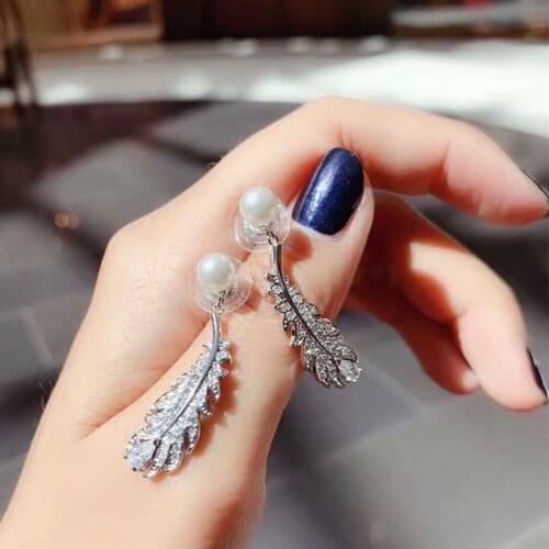 Luxury Pearl Women Feather Earring Full Rhinestone Leaf Feather Earrings for Party Wedding oorbellen Gift