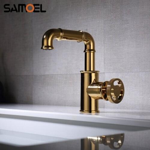 Luxury Industrial Style Brass Golden Bathroom Sink Faucet Mixer Deck mount Gold Cold Hot Basin Water Tap Crane G1127