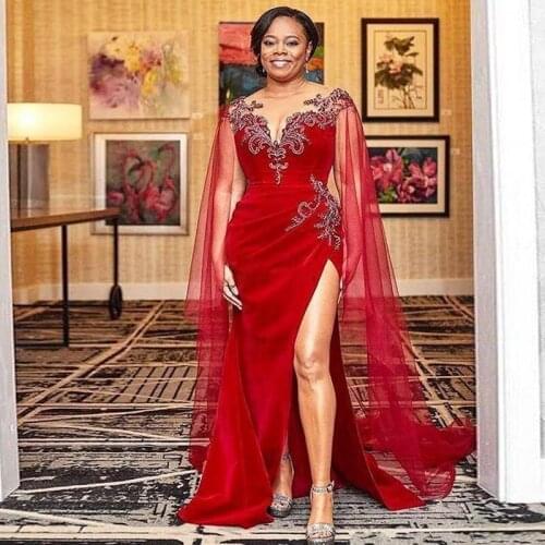 Plus Size Dark Red Prom Dresses Lace Appliques Cap Style Side Split Evening Gowns South African Floor Length Formal Party Dress