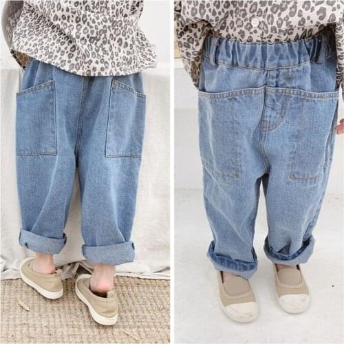 Korean style autumn boys girls fashion patchwork pockets denim harem trousers 1-6 Years kids loose casual all-match jeans