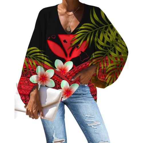 HYCOOL Fall Boutique Plus Size Womens Clothes Polynesian Hibiscus Print Red Loose T-Shirt Long Lantern Sleeve Sexy V-Neck Blouse