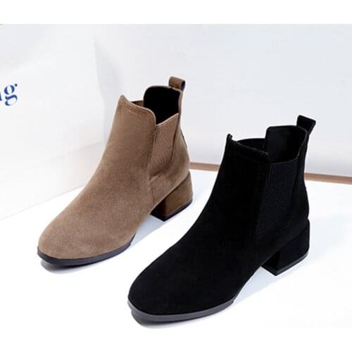 Women Autumn Winter Flock Ankle Boots Slip-on Round Toe 3.5cm Square Heel Solid Casual Black/Camel Booties