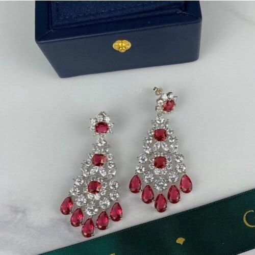 Vintage 925 Sterling Silver Simulated Moissanite Ruby Gemstone Long Dangle Drop Earrings For Women Fine Jewelry 2021 New
