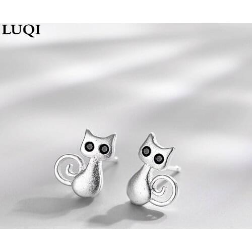 Fashion Womens S925 Silver Cute Cat Creative Stud Earrings E262