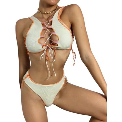 Womens Sexy 2 Piece Swimsuits Cut Out Tie Up Knitted Tank Top High Waist Thong Bikini Bathing Suits