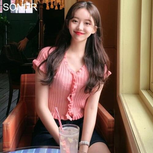 Korean Version Women Cardigan Sweater Tops Sweet Cute Girl Blouse 2020 Summer Solid Color Short Sleeve Thin Sweater Shirt Female