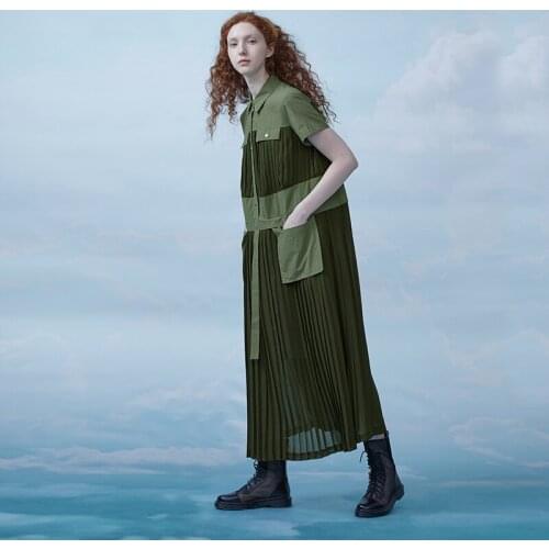 NEW COLLECTION 2020 safari style army green long pleated shirt dress women