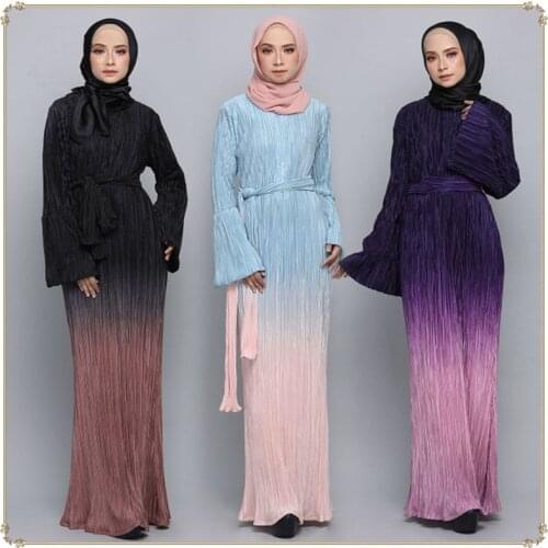 Women Muslin Dress Gradient Lace-up Flared Sleeve Turkey Hijab Robe Kuftan Turkish Hijab Abaya Islamic Clothing Moroccan Vestido