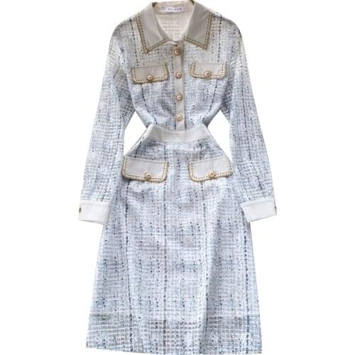 New Spring Autumn Women Turn-down Collar Long Sleeve Slim Dress Fashion Contrast Color Print Plaids Hollow Out Lace Dress