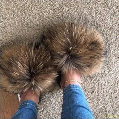 2020 Size 36-45 New Women Real Fox Slippers Raccoon Slides Beach Slippers Chinelos Menina Slippers Girl Slippers Female