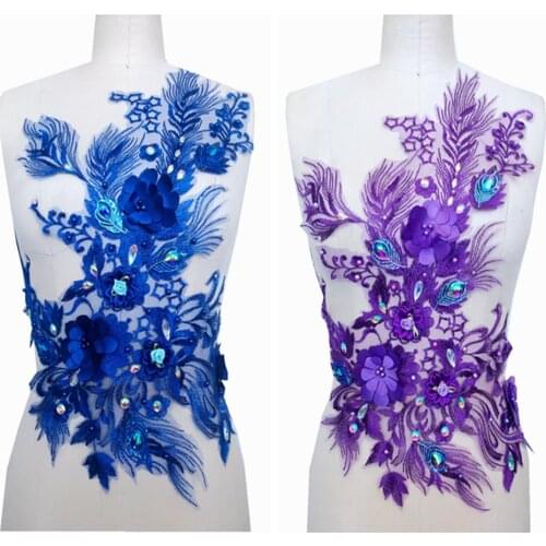 3D Three-dimensional flower rhinestone decoration lace applique blue/purple trim patches for dress accessory