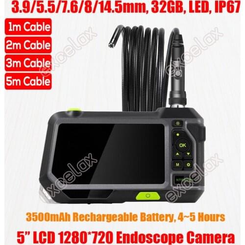 5" LCD IP67 1280x720 3.9mm 5.5mm 7.6mm 8mm 14.5mm Industrial Endoscope Pipe Inspection Camera LED Snake Tube Borescope 1M 3M 5M