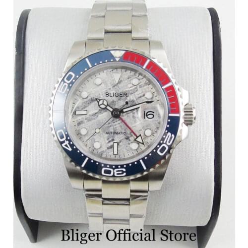 BLIGER New Arrival Stainless Steel Grey Dial Sapphire Glass GMT Function Date 40mm Mechanical Men Wristwatch