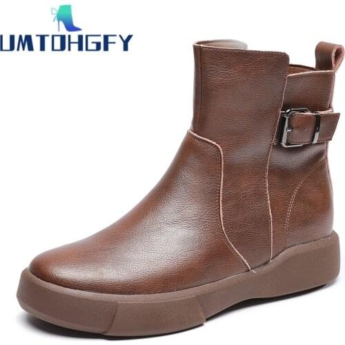 Genuel Leather Martin Boots Autumn Winter 2022 Womens Boots Ankle Thick Soled Motorcycle Shoes Plush Keep Warm Non-Slip Rubber