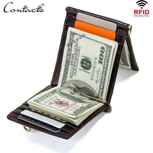 CONTACTS Crazy Horse cowhide leather RFID money clip slim card wallet trifold male cash clamp man cash holder zip coin pocket