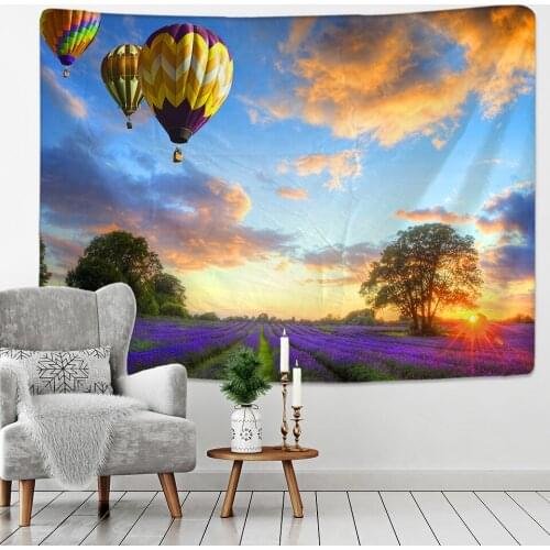 Sky Hot Air Balloon Tapestry Lavender Field Art Wall Hanging Sofa Table Bed Cover Home Decor Dorm Gift