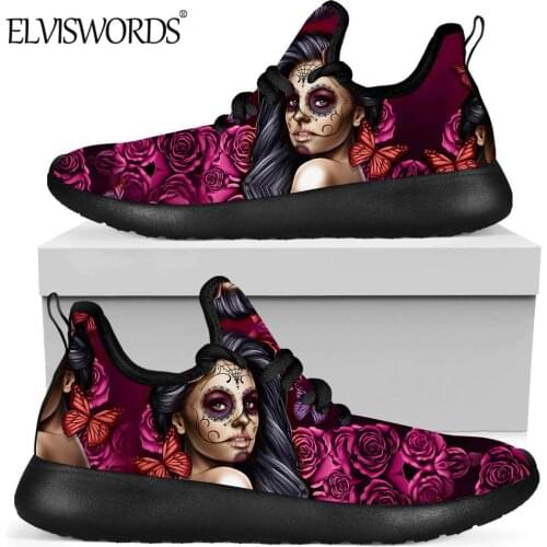 ELVISWORDS Women Fashion Gothic Shoes 2020 New Skull Flowers Pattern Mesh Knitting Sneaker Teen Girls Casual Vulcanized Shoe