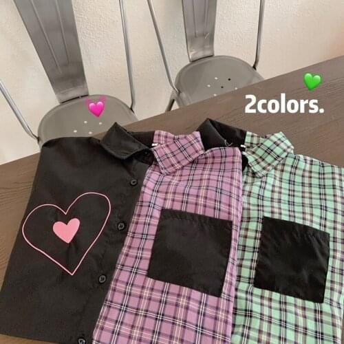 Summer Unisex Embroidery Heart Plaid Patch Contrasr Color Single Breasted Shirts Y2k Sweet Girl Street Short Sleeve Shirt Tops