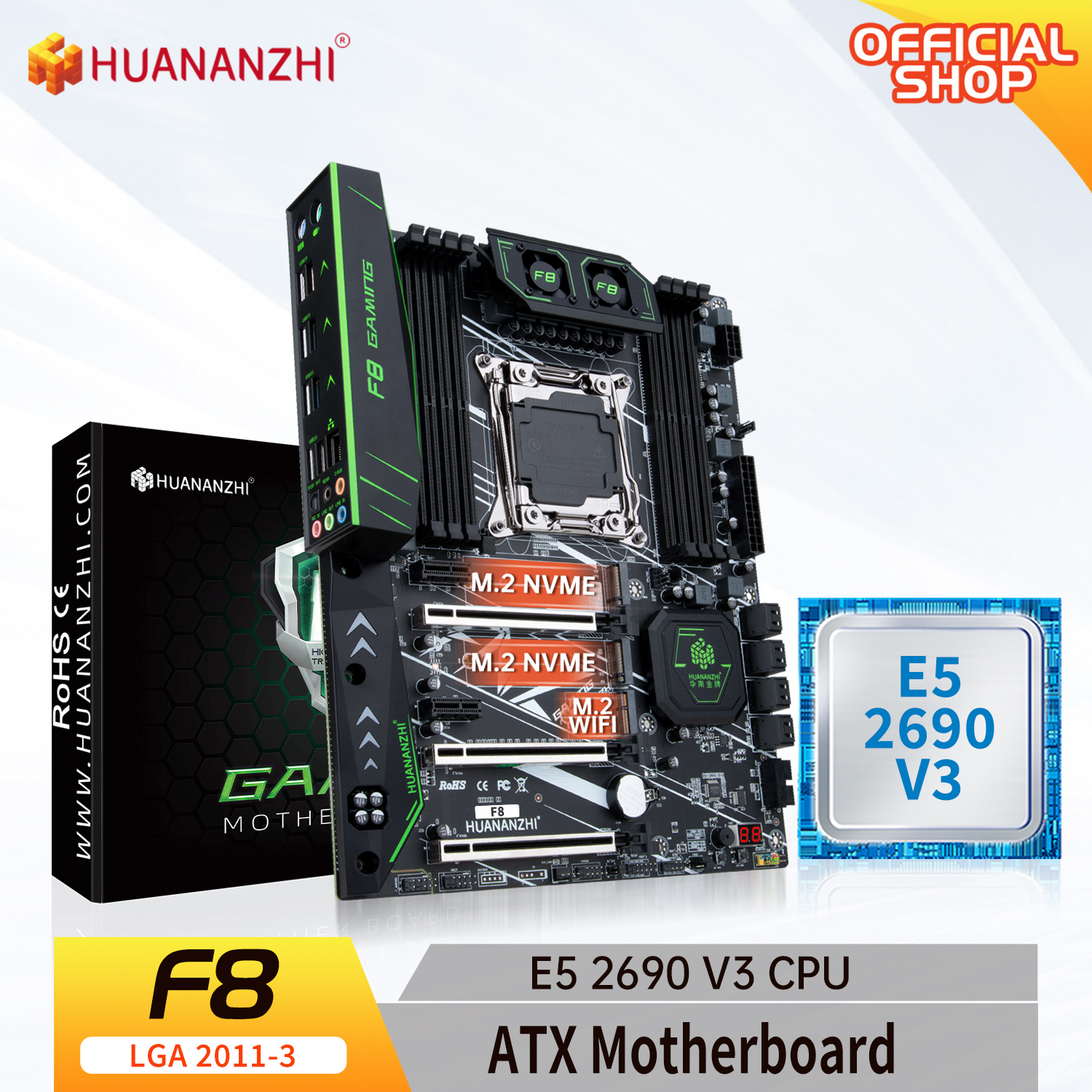 HUANANZHI X99 F8 X99 Motherboard with Intel XEON E5 2690 V3 MOA FAN kit set Support the DDR4 RECC NON ECC NVME SATA USB 3.0