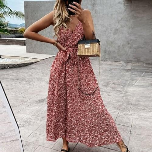 2021 Fashion Tie-Up Belt Print Beach Dress Sexy Deep V Neck Sling Slim Long Party Dress Women Summer Elegant Backless Maxi Dress