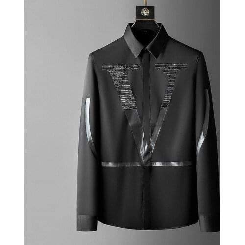 2021 Autumn Hot Sale Rhinestone Shirts Men Long Sleeve Letter Print Business Slim Casual Dress Shirt Social Party Chemise Homme