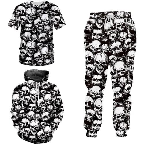 UJWI Hip Hop Men Jogger Pants Sweatshirt White Skull Rose 2 Piece Set Sweatpants Streewear 3 Piece Tracksuit Dropship Suppliers