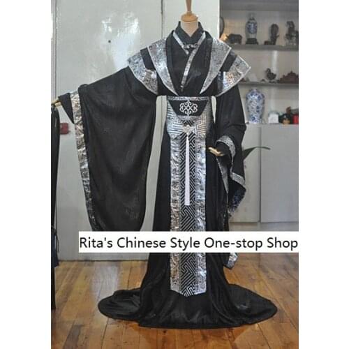 Black Silver Male Costume Tailed Hanfu Ancient Chinese Childe or Prince Costume for TV Play or Photography Hanfu